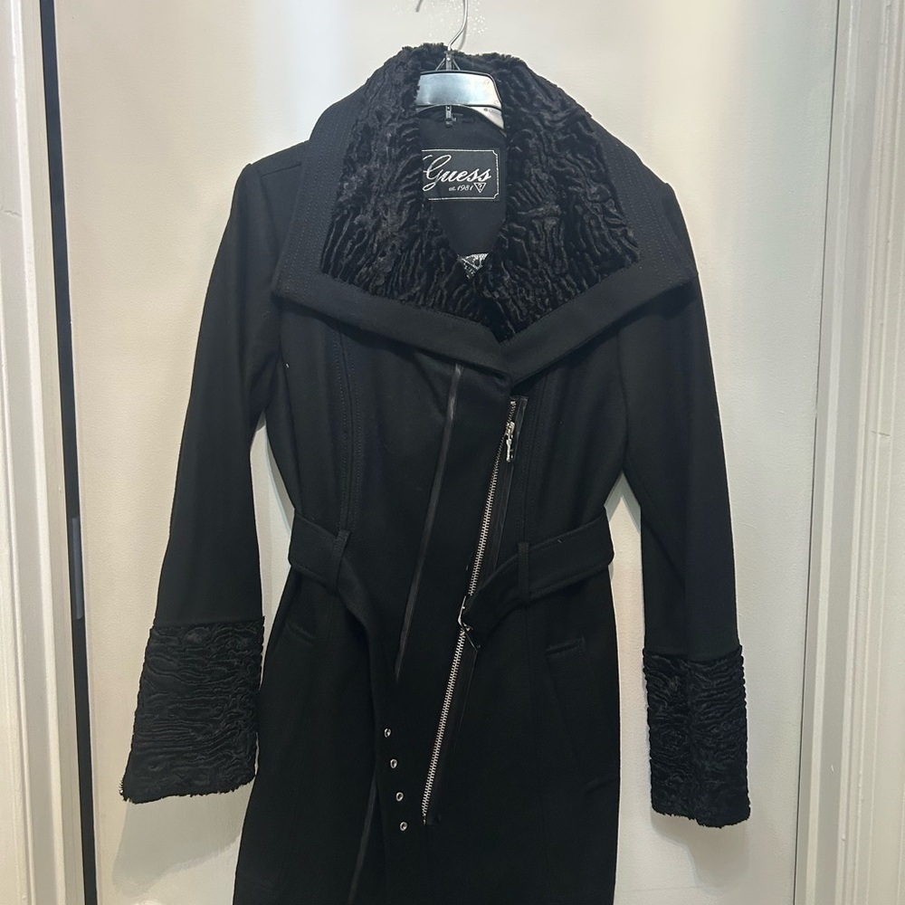 Guess Women's Black Trench Coat with Textured Accents